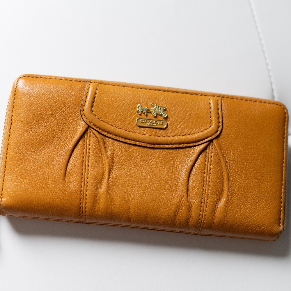 Coach Madison Pleated Genuine Leather Large Zip Around Wallet Golden Brown